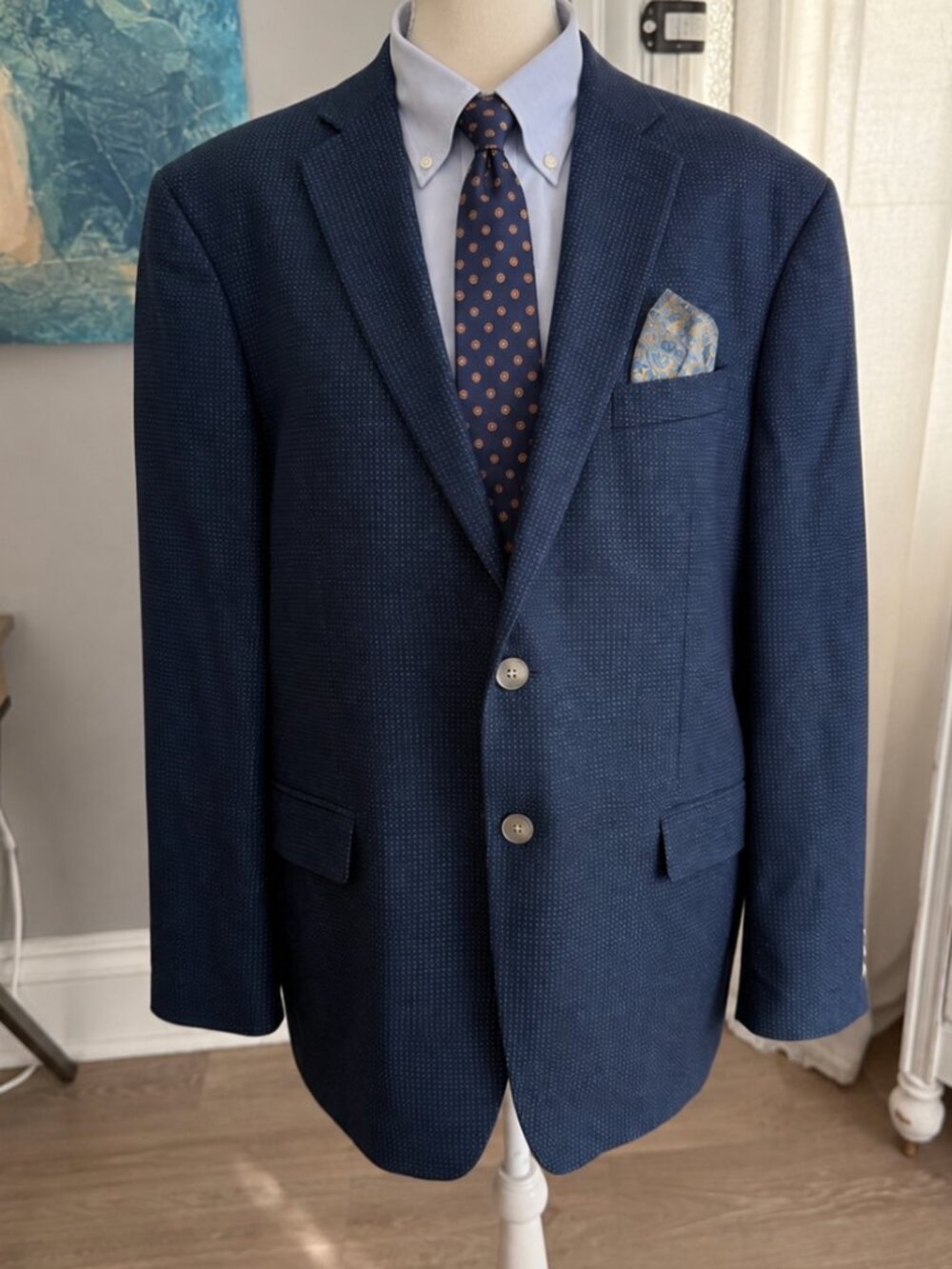Alan Flusser Men’s XL Navy Blue Micro Dot Blazer Sport Coat Paisley Lined